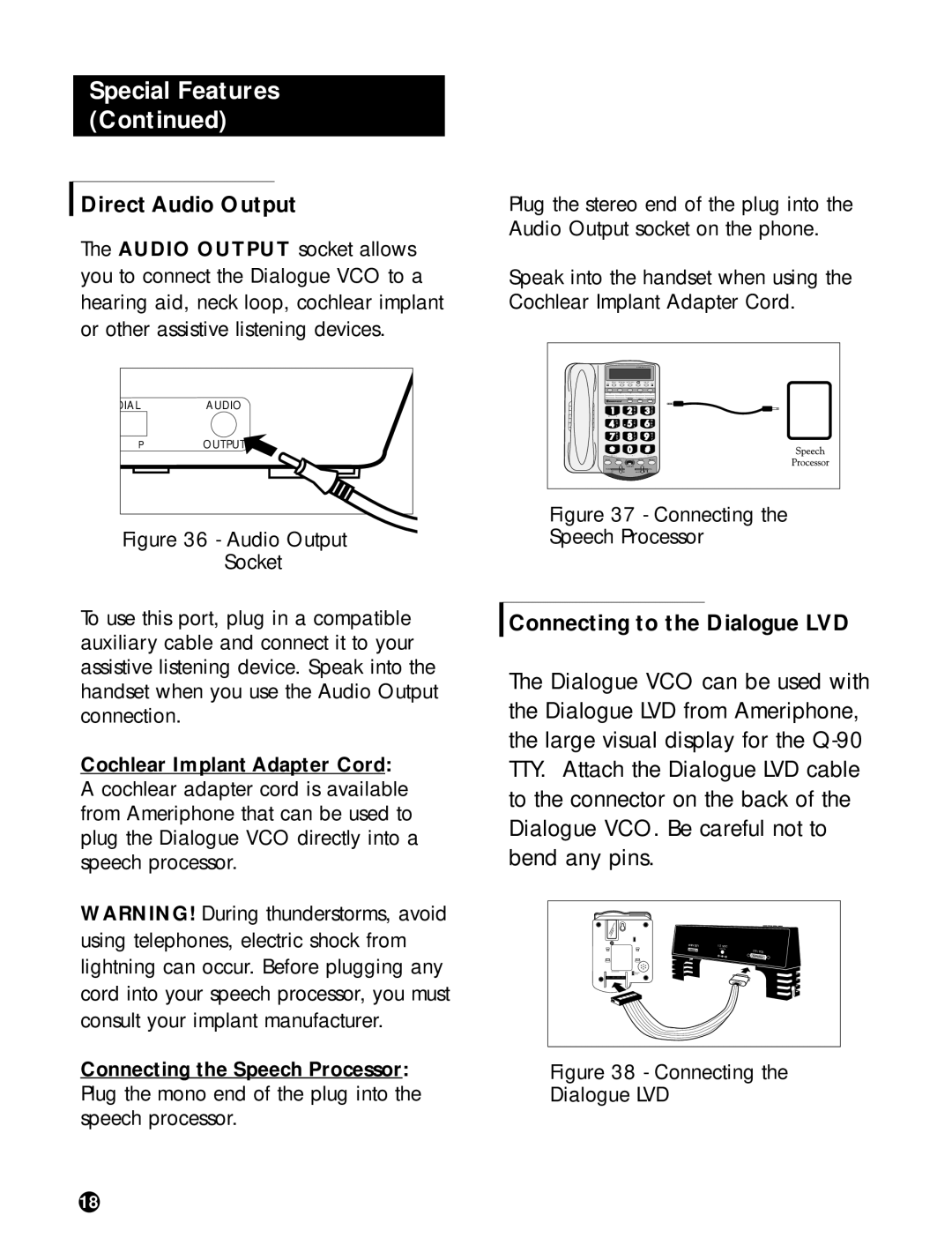 Ameriphone DIALOGUE VCO Direct Audio Output, Connecting to the Dialogue LVD, Cochlear Implant Adapter Cord 