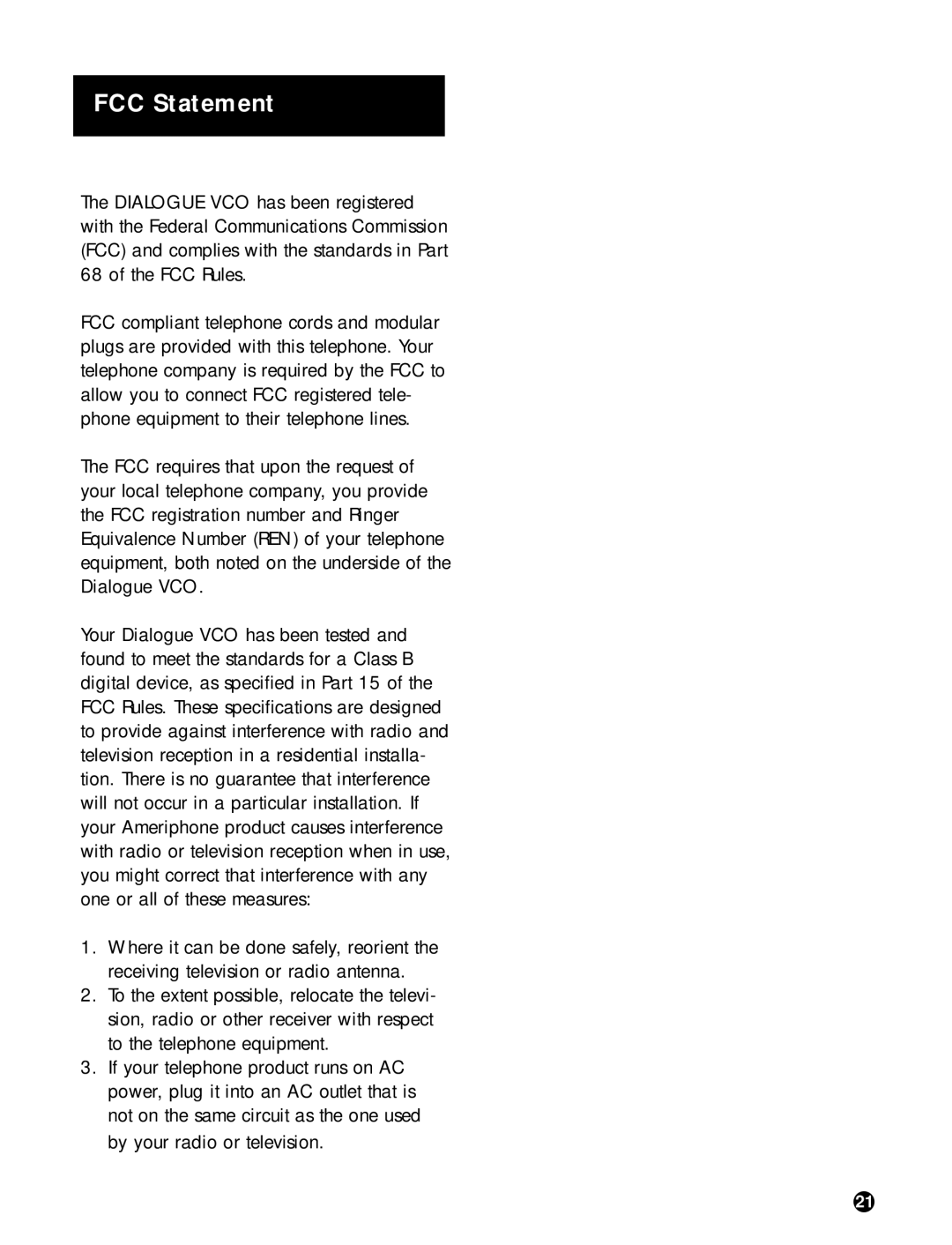 Ameriphone DIALOGUE VCO operating instructions FCC Statement 