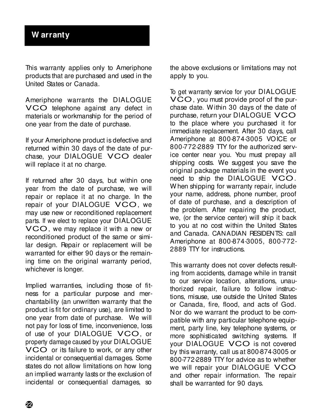 Ameriphone DIALOGUE VCO operating instructions Warranty 