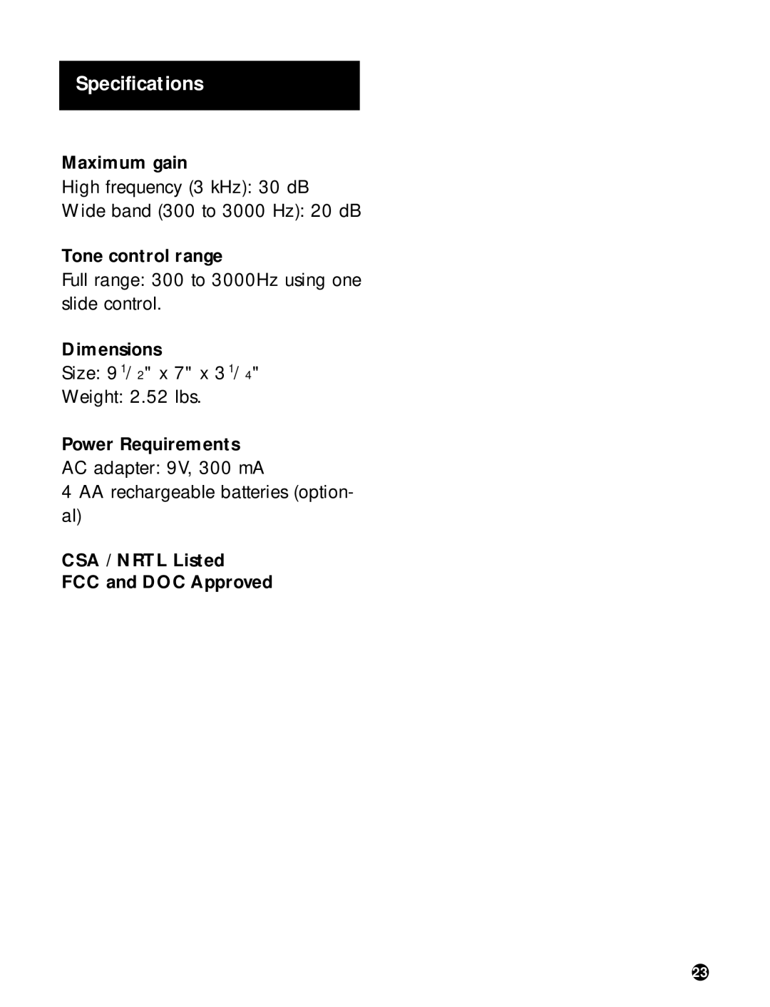 Ameriphone DIALOGUE VCO operating instructions Specifications, Maximum gain, Tone control range, Dimensions 