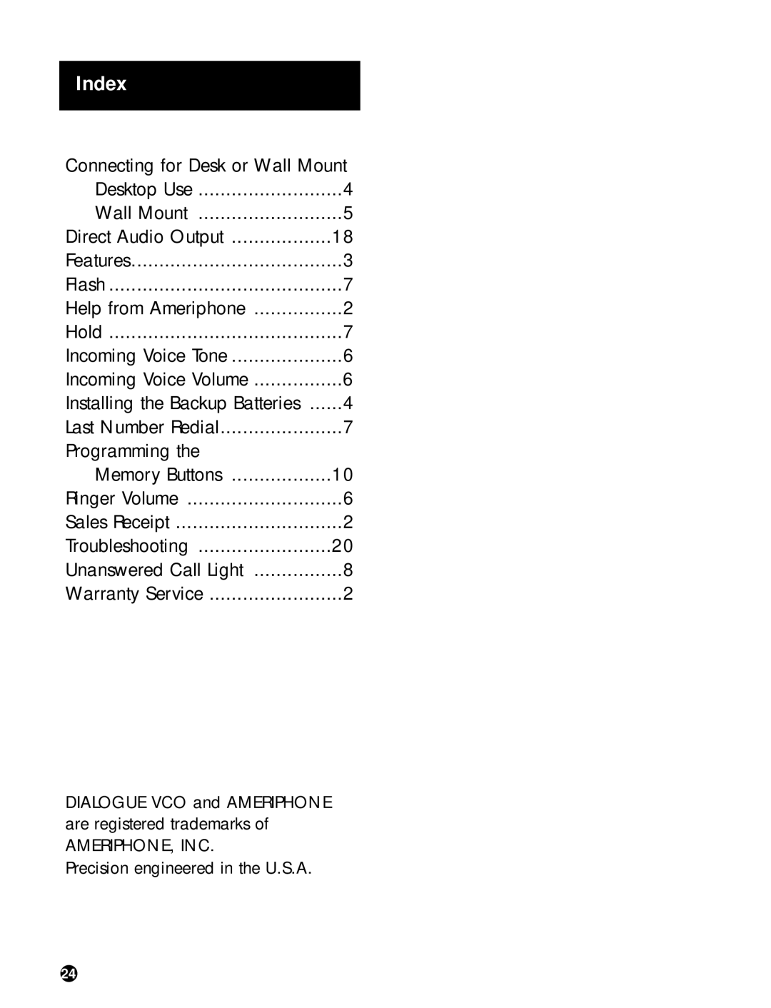 Ameriphone DIALOGUE VCO operating instructions Index 