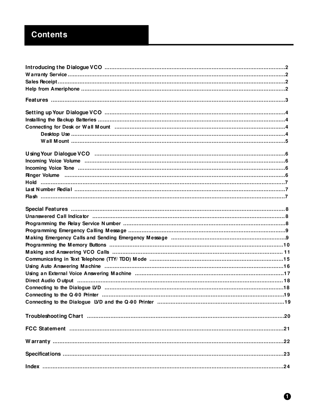 Ameriphone DIALOGUE VCO operating instructions Contents 