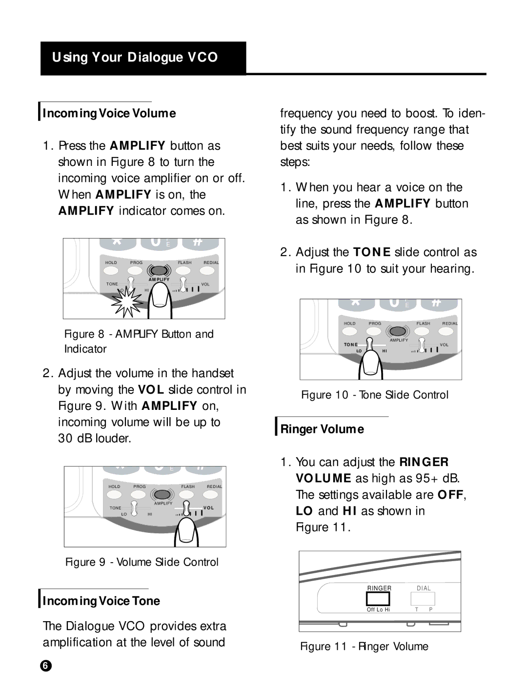 Ameriphone DIALOGUE VCO Using Your Dialogue VCO, Incoming Voice Volume, Incoming Voice Tone, Ringer Volume 