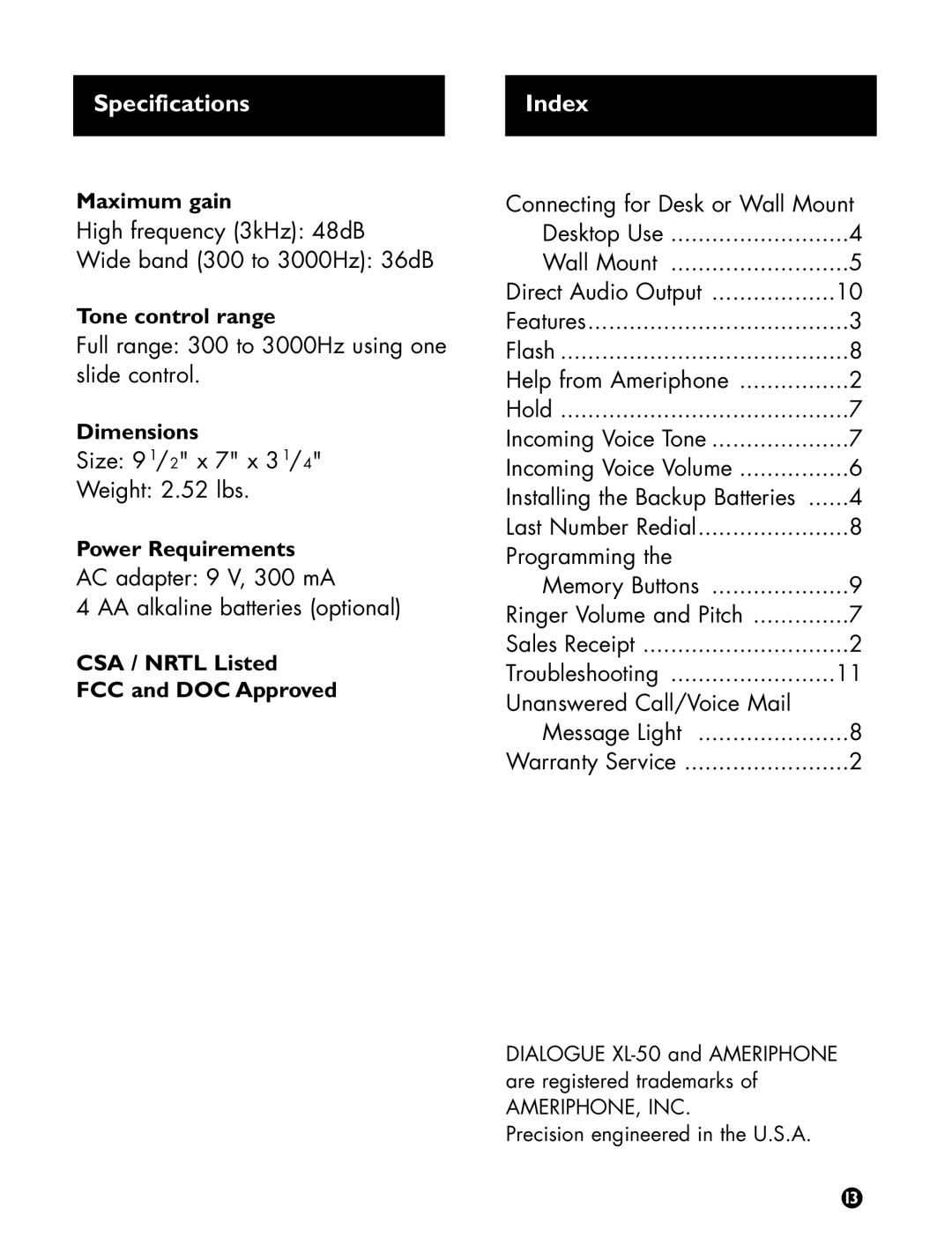 Ameriphone DIALOGUE XL-50 operating instructions Specifications Index 