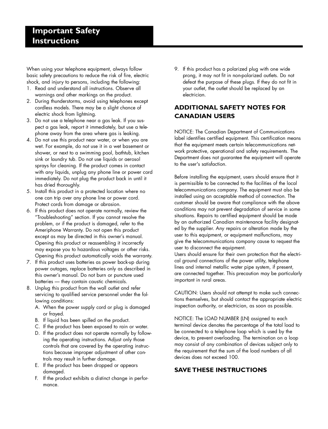 Ameriphone DIALOGUE XL-50 operating instructions Important Safety Instructions, Additional Safety Notes for Canadian Users 