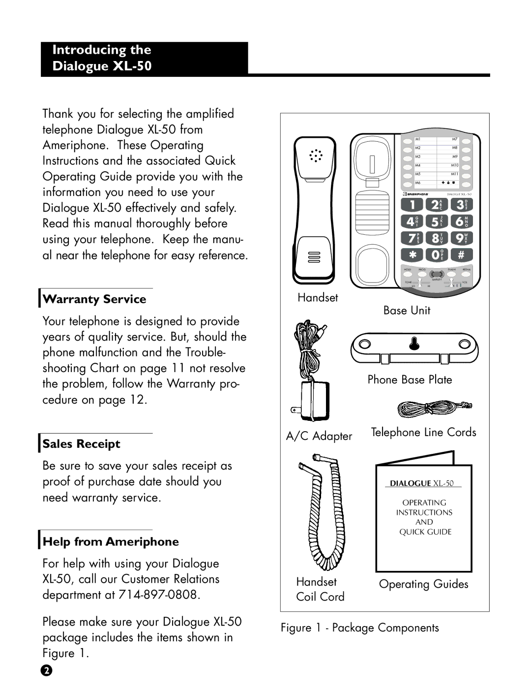 Ameriphone DIALOGUE XL-50 Introducing the Dialogue XL-50, Warranty Service, Sales Receipt, Help from Ameriphone 