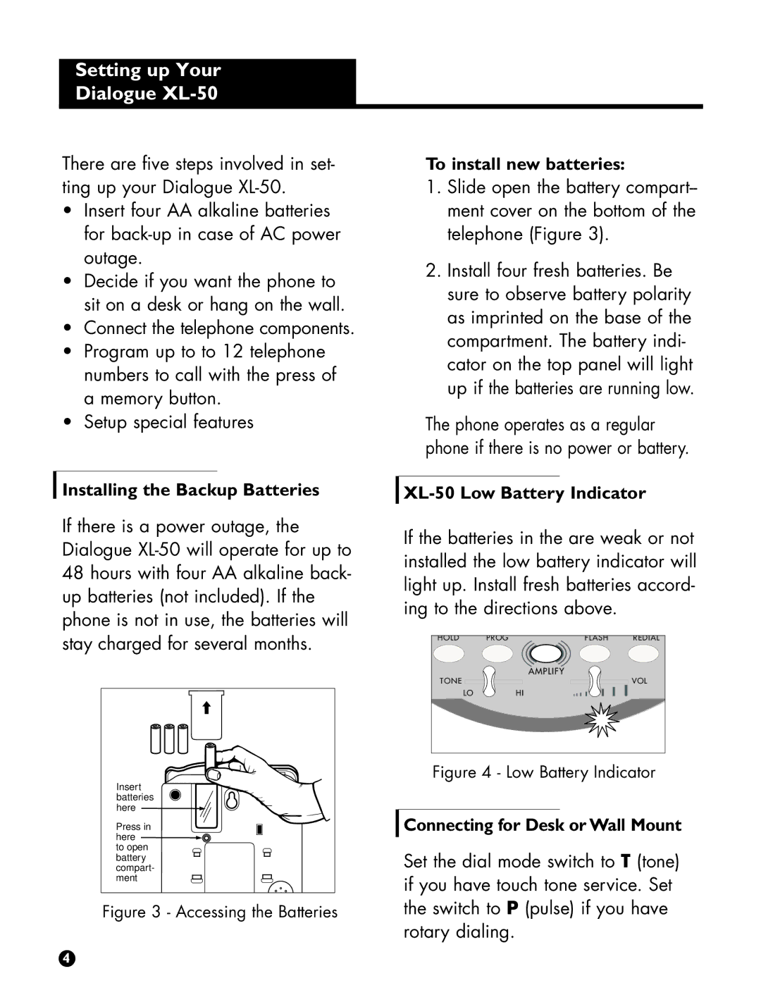 Ameriphone DIALOGUE XL-50 Setting up Your Dialogue XL-50, Installing the Backup Batteries, To install new batteries 