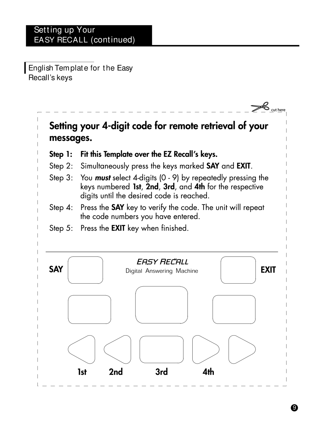 Ameriphone Digital Answering Machine operating instructions English Template for the Easy Recall’s keys 