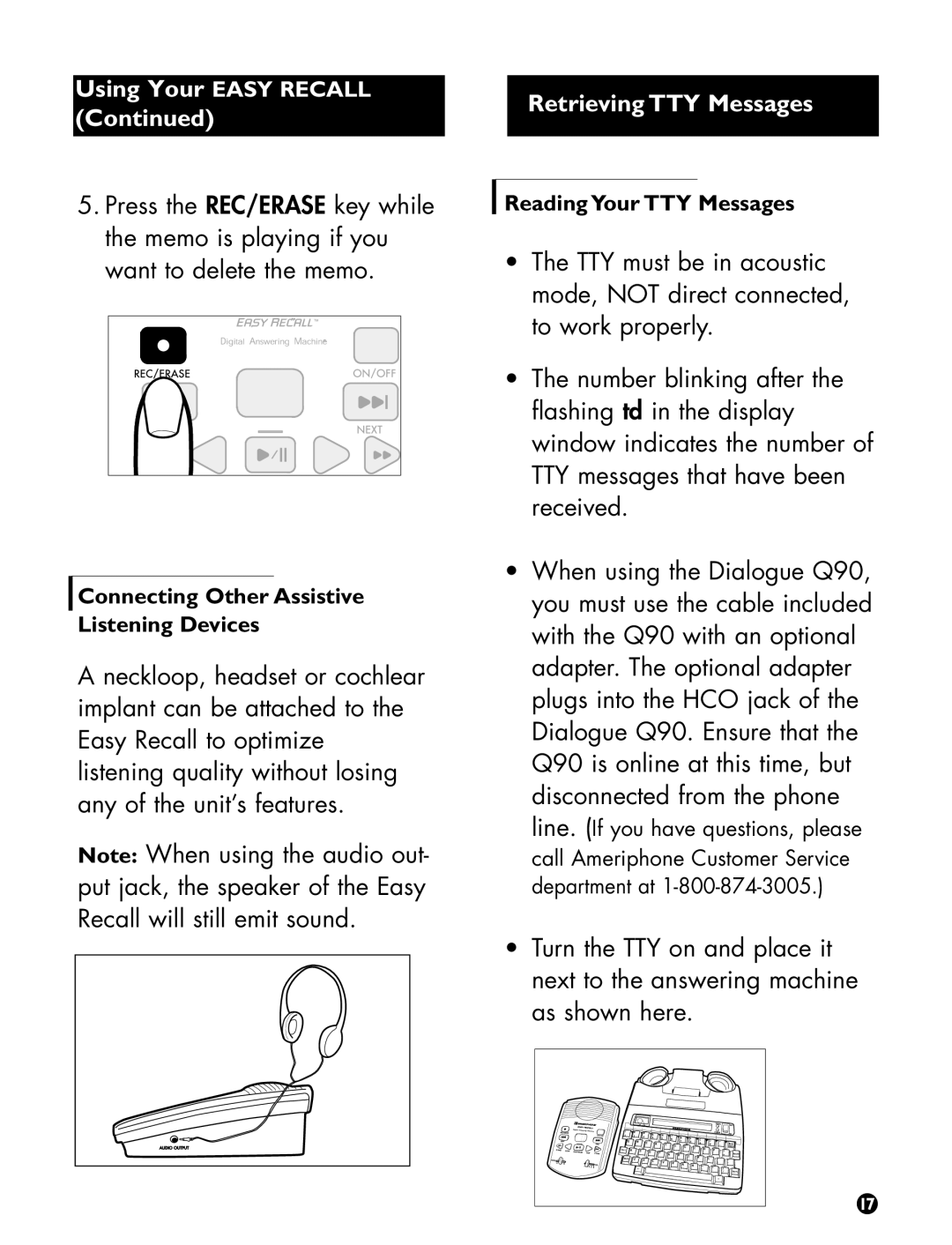 Ameriphone Digital Answering Machine operating instructions Retrieving TTY Messages 