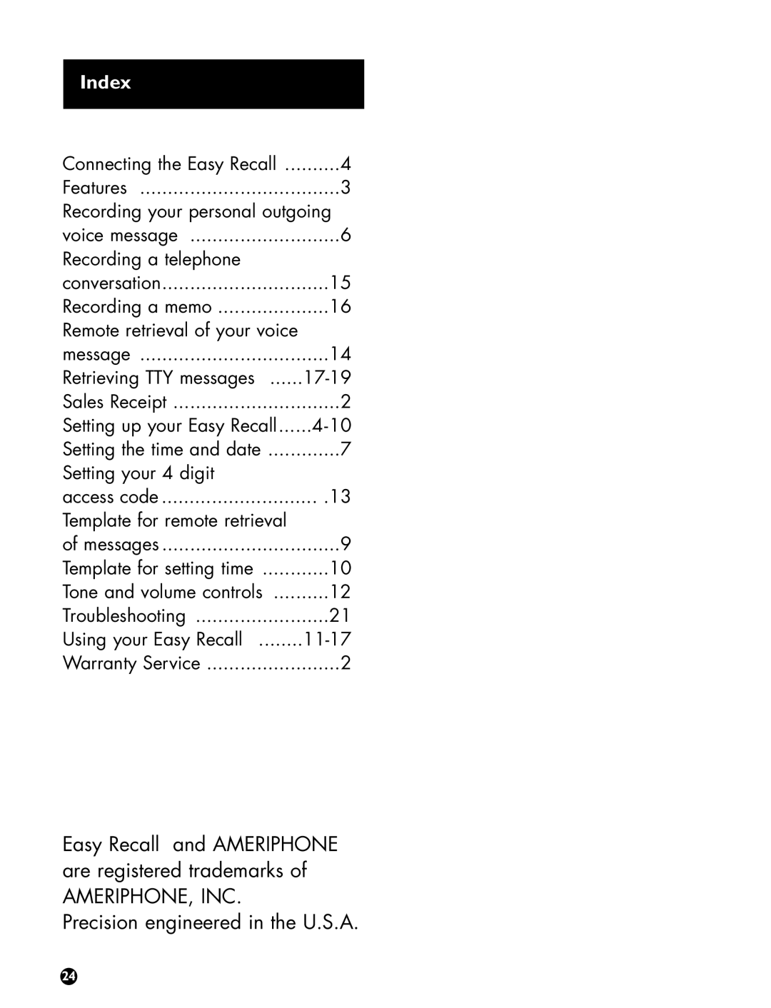 Ameriphone Digital Answering Machine operating instructions Index 