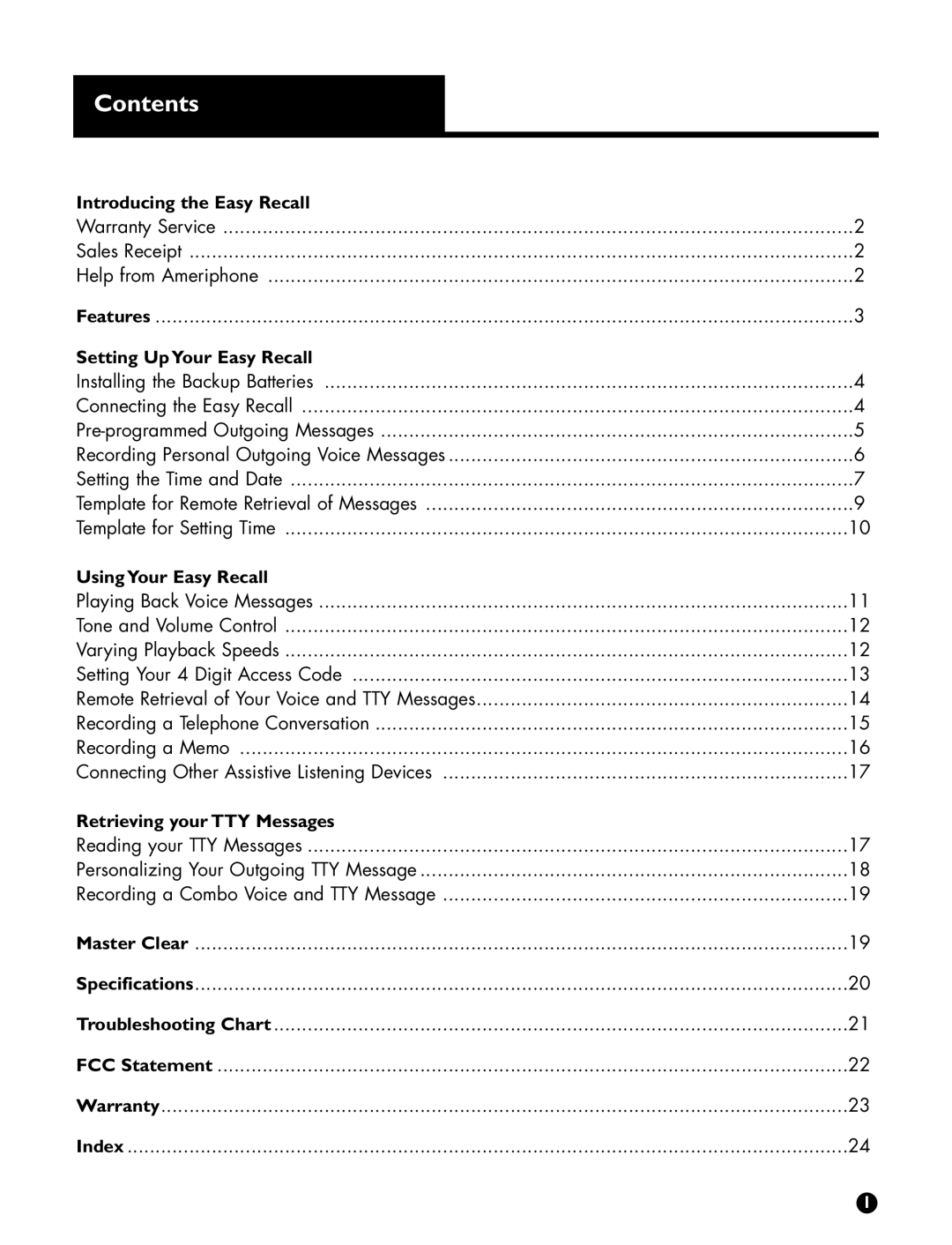 Ameriphone Digital Answering Machine operating instructions Contents 