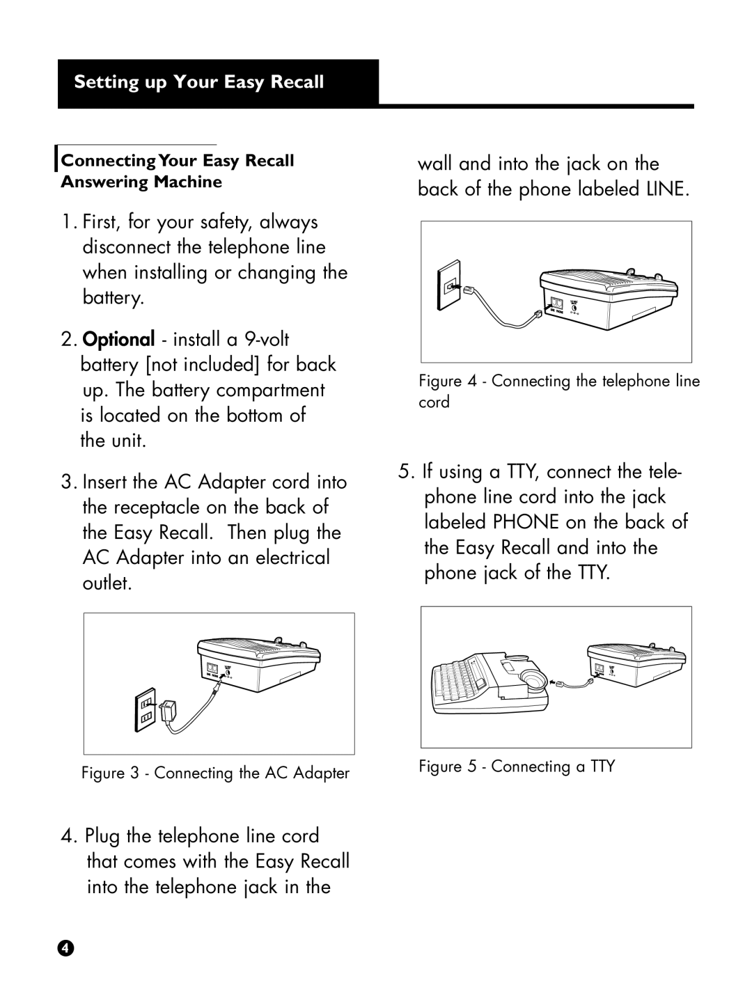 Ameriphone Digital Answering Machine operating instructions Setting up Your Easy Recall, Connecting the telephone line 