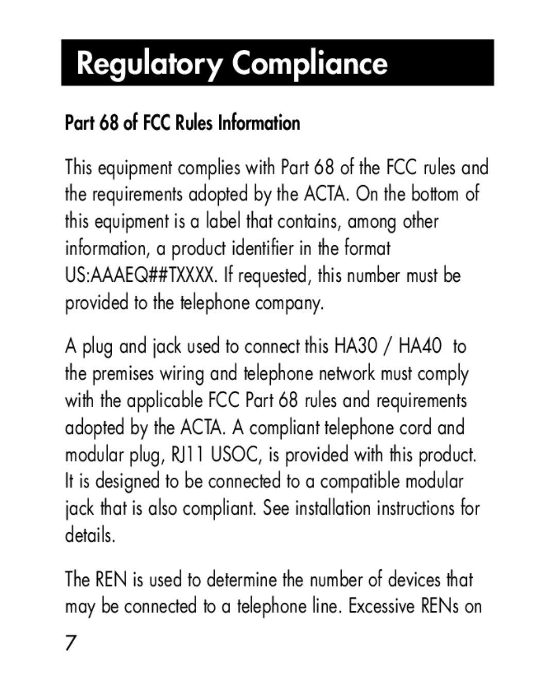 Ameriphone HA30, HA40 manual Regulatory Compliance, Part 68 of FCC Rules Information 