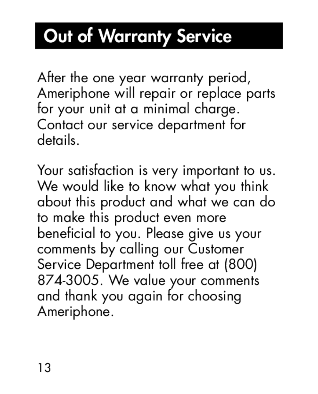 Ameriphone HA30, HA40 manual Out of Warranty Service 