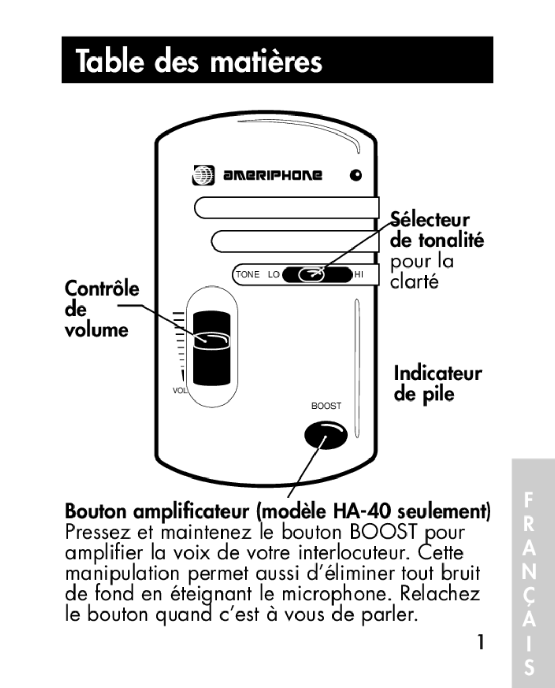 Ameriphone HA30, HA40 manual Contrôle de volume 