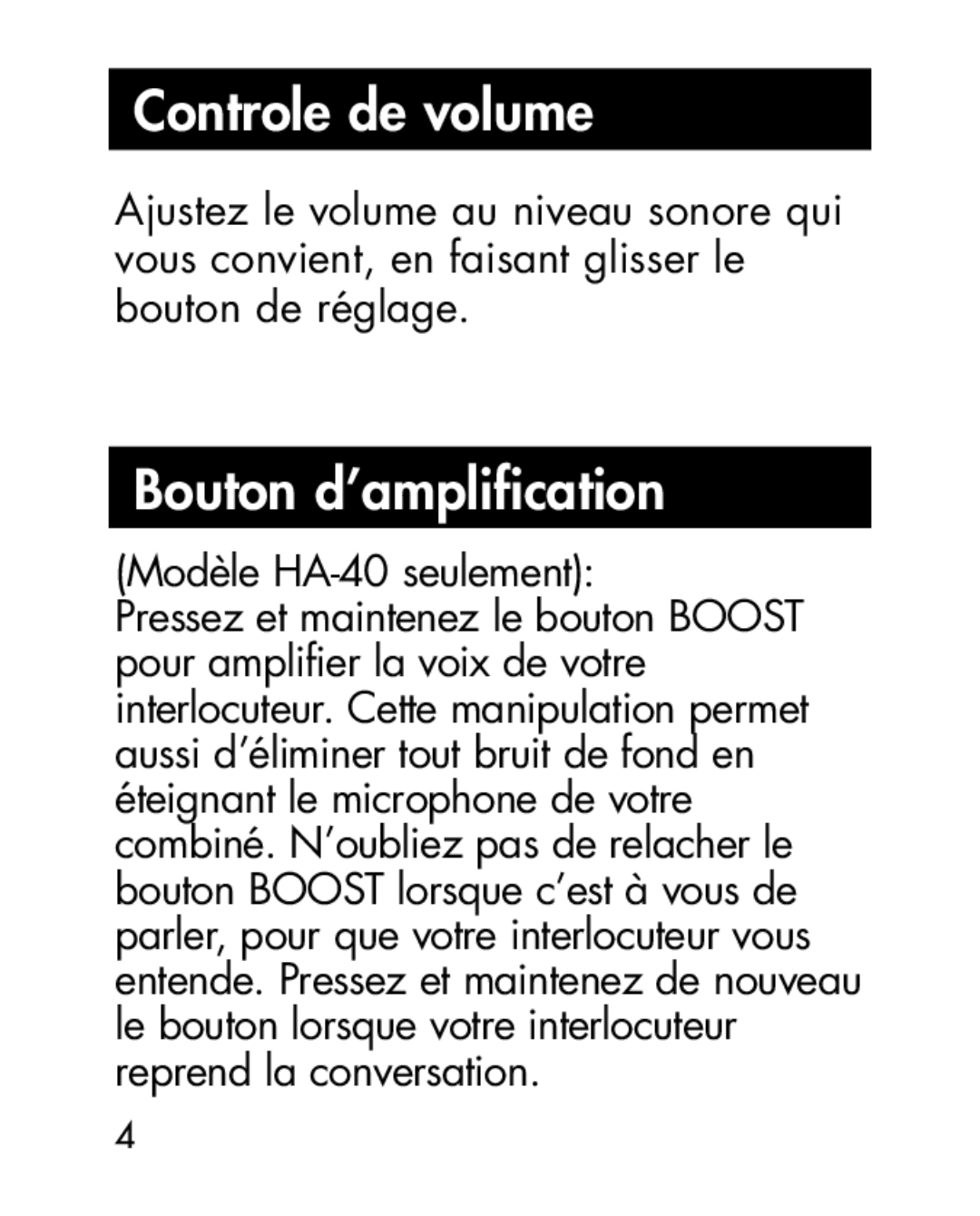 Ameriphone HA40, HA30 manual Controle de volume, Bouton d’amplification 