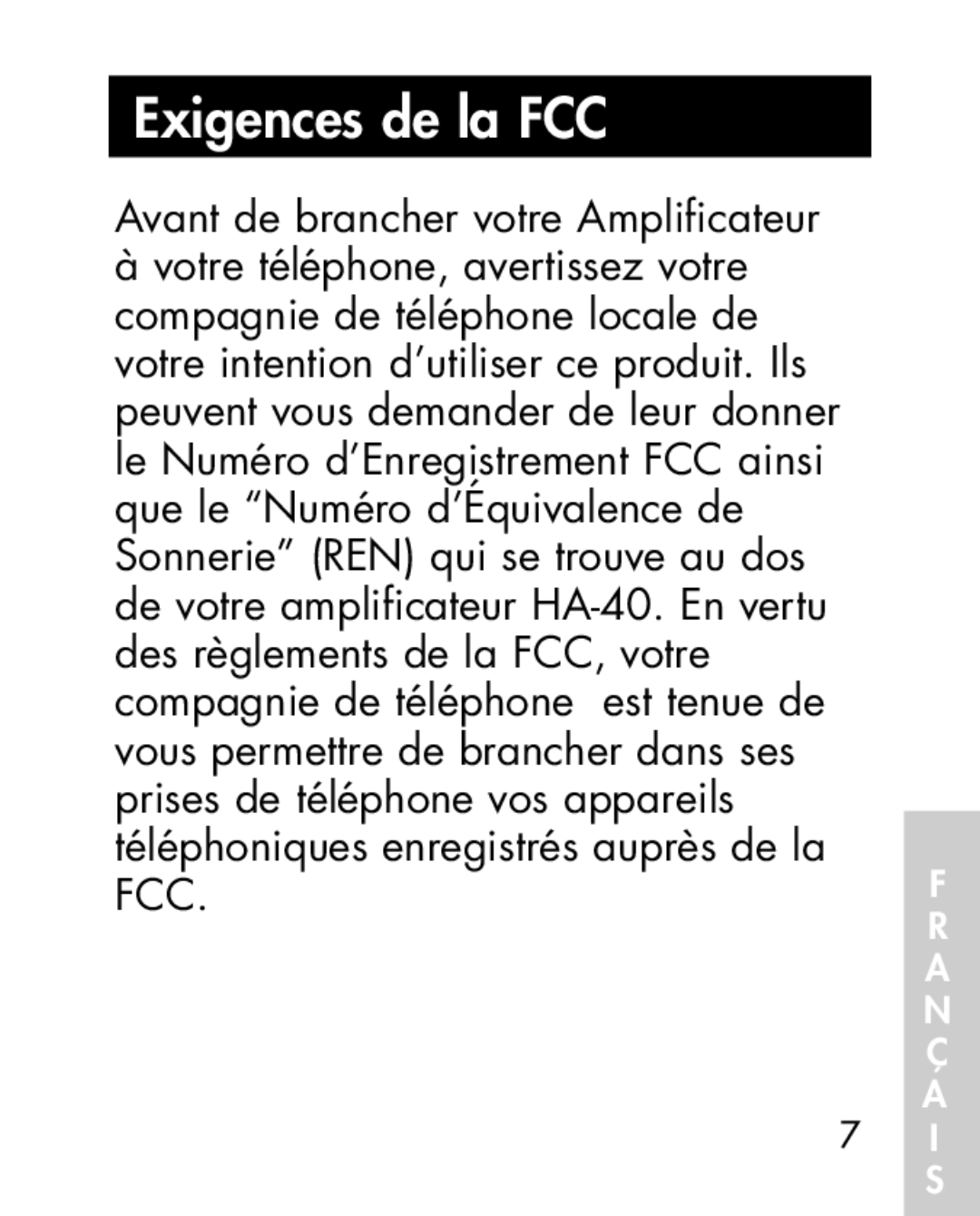 Ameriphone HA30, HA40 manual Exigences de la FCC 