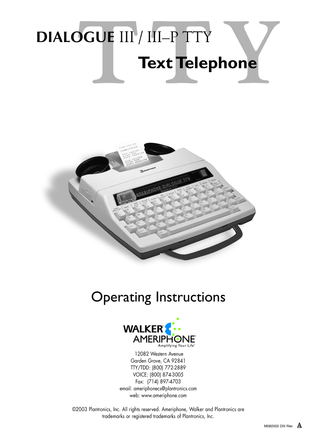 Ameriphone IIIP TTY operating instructions Text Telephone 