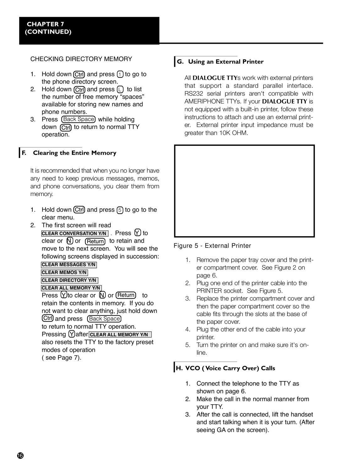 Ameriphone IIIP TTY Checking Directory Memory, Clearing the Entire Memory, Using an External Printer 