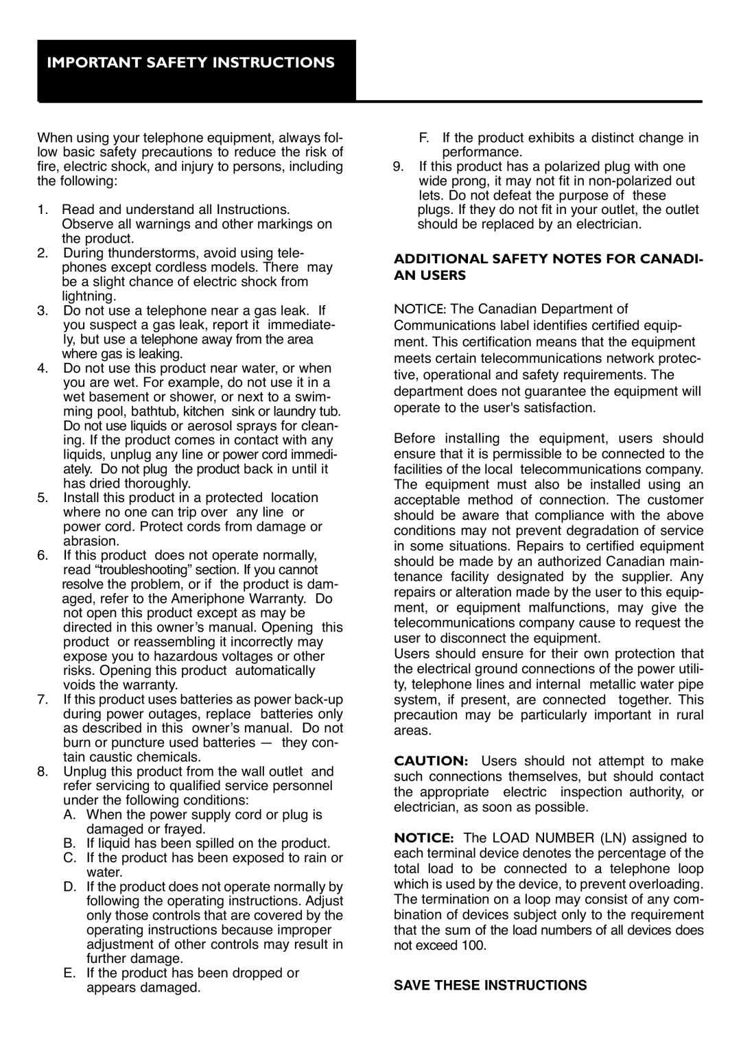 Ameriphone IIIP TTY operating instructions Important Safety Instructions, Additional Safety Notes for CANADI- AN Users 