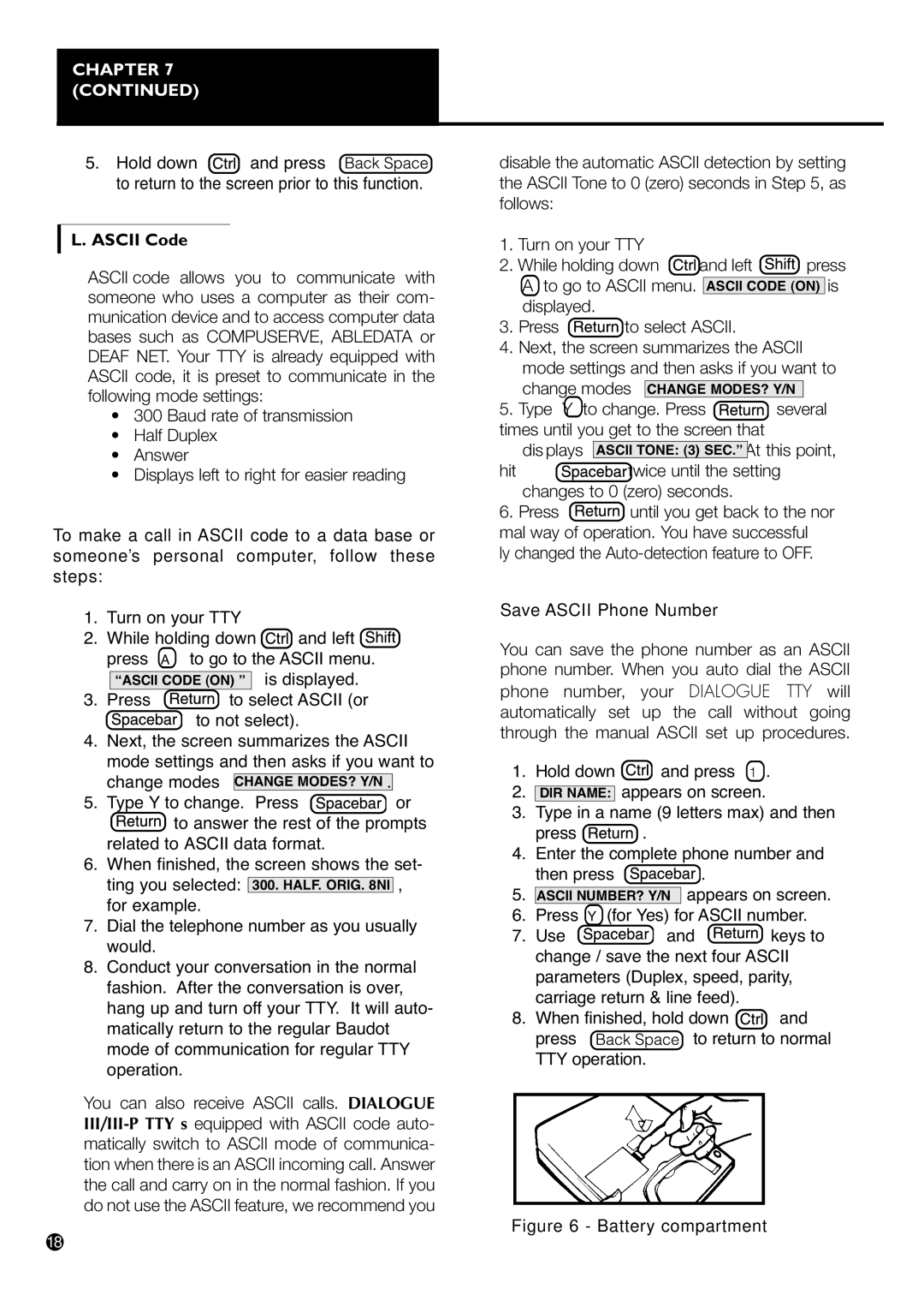 Ameriphone IIIP TTY operating instructions Ascii Code, Press to select Ascii or to not select 