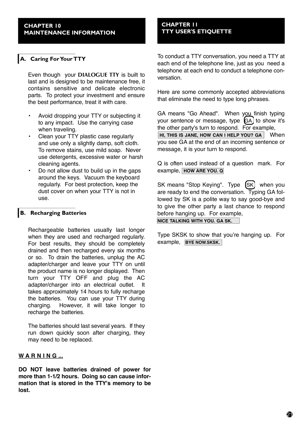 Ameriphone IIIP TTY operating instructions Chapter Maintenance Information, Caring For Your TTY, Recharging Batteries 