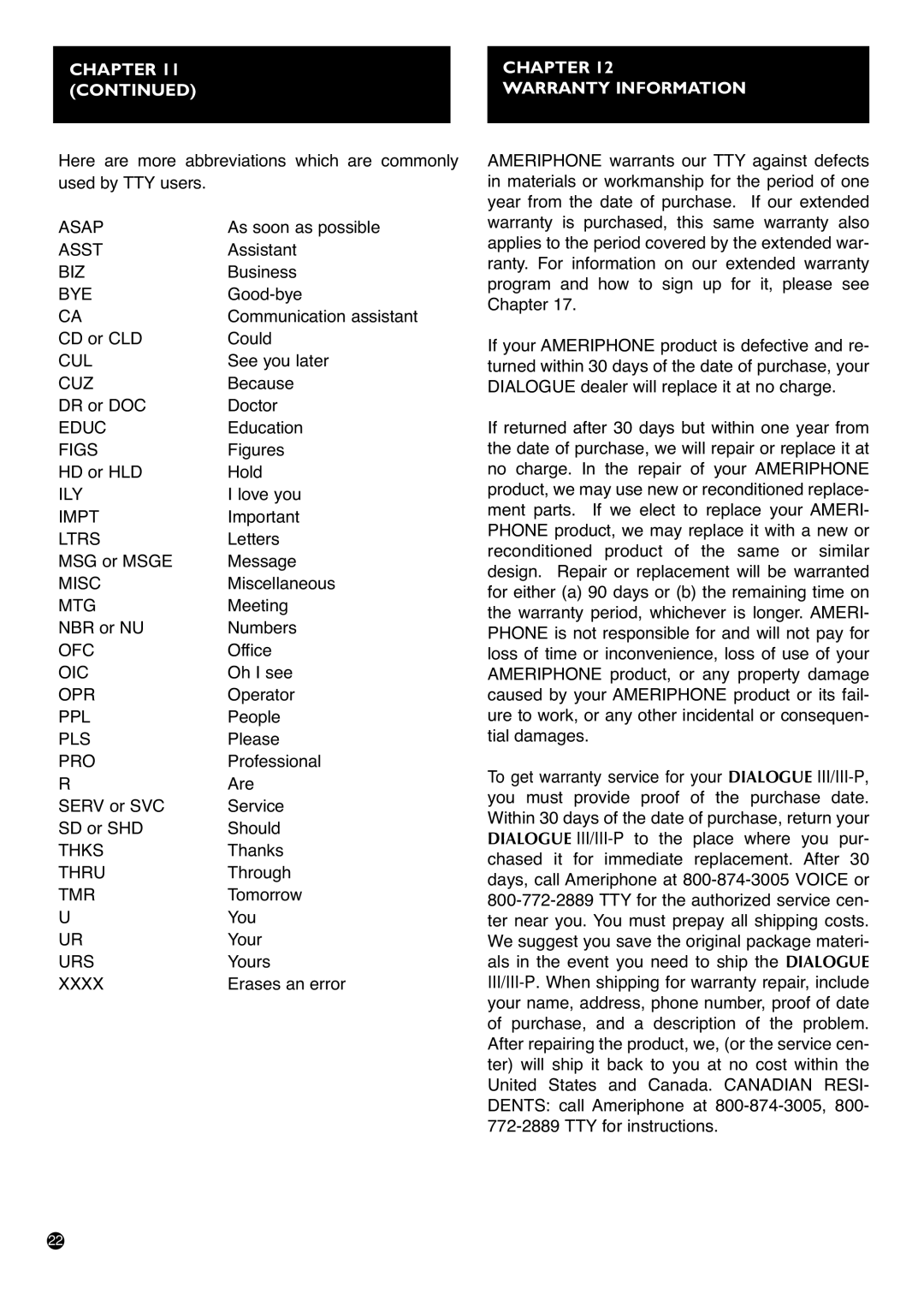 Ameriphone IIIP TTY operating instructions Chapter Warranty Information 