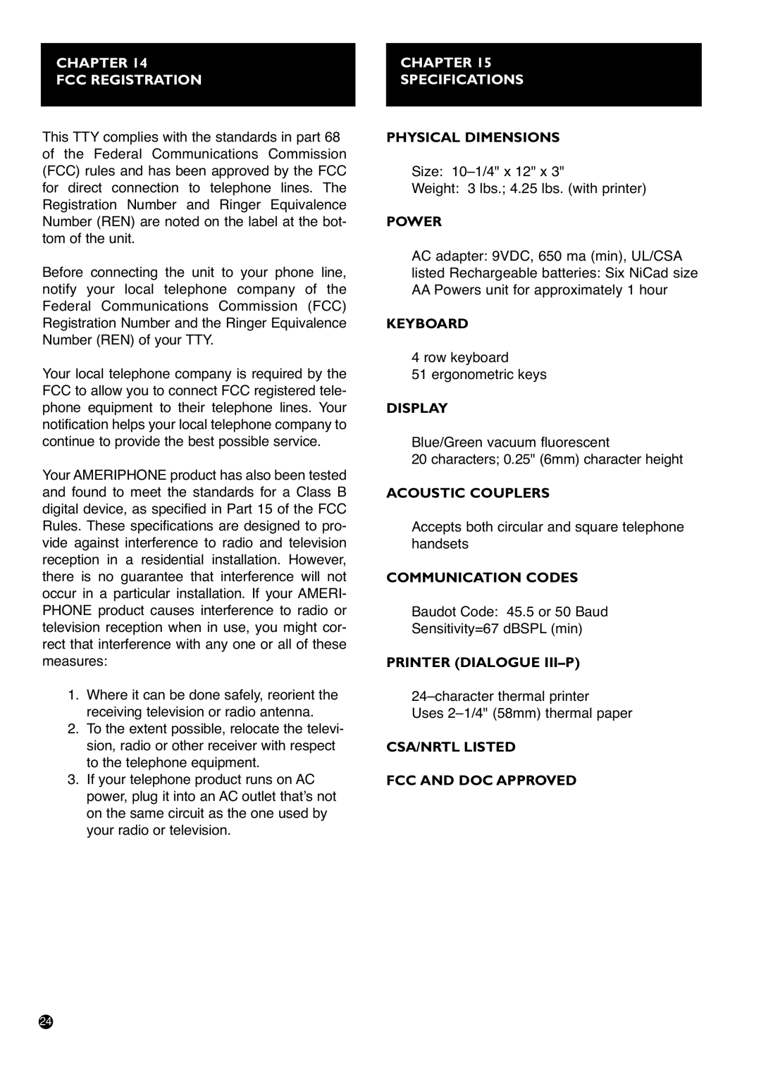 Ameriphone IIIP TTY operating instructions Chapter FCC Registration, Chapter Specifications 