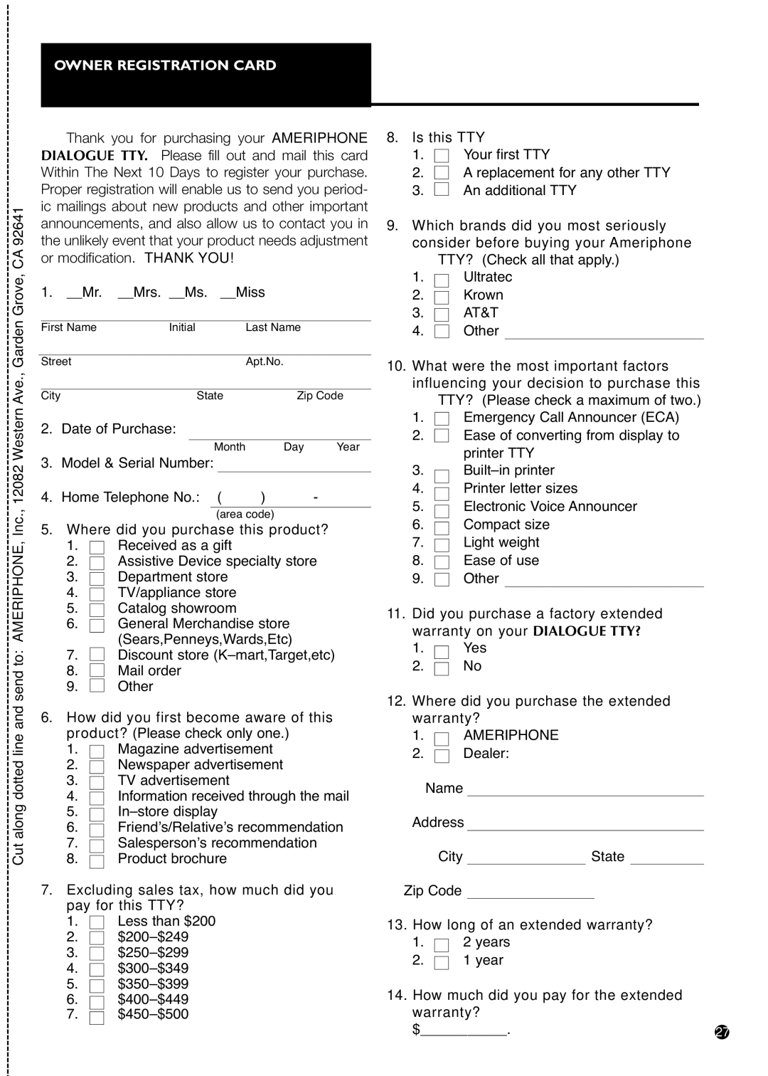 Ameriphone IIIP TTY operating instructions Owner Registration Card, At&T, Ameriphone 