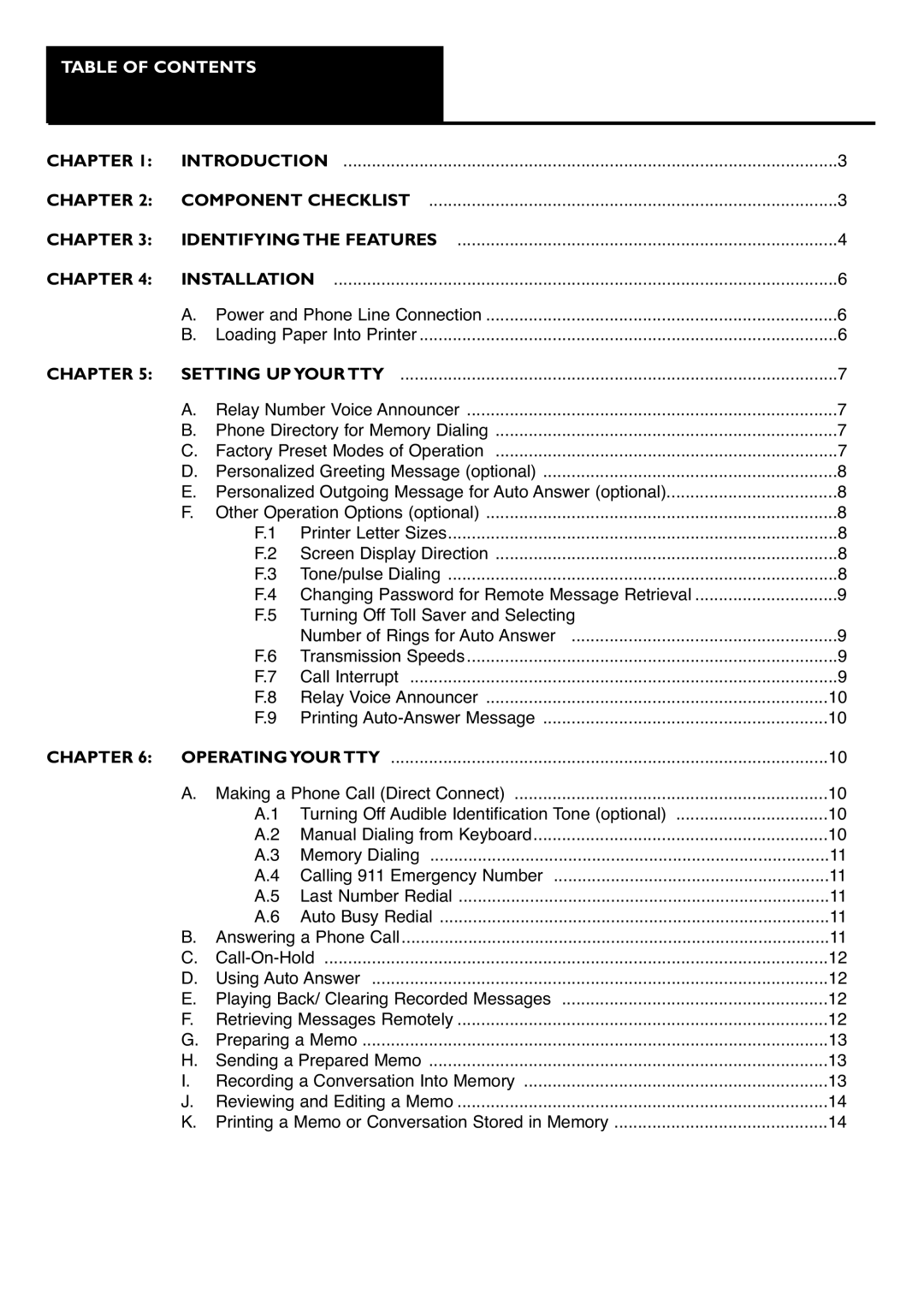 Ameriphone IIIP TTY operating instructions Table of Contents 