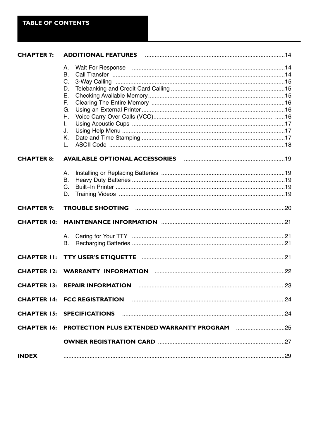 Ameriphone IIIP TTY operating instructions Chapter Protection Plus Extended Warranty Program, Index 