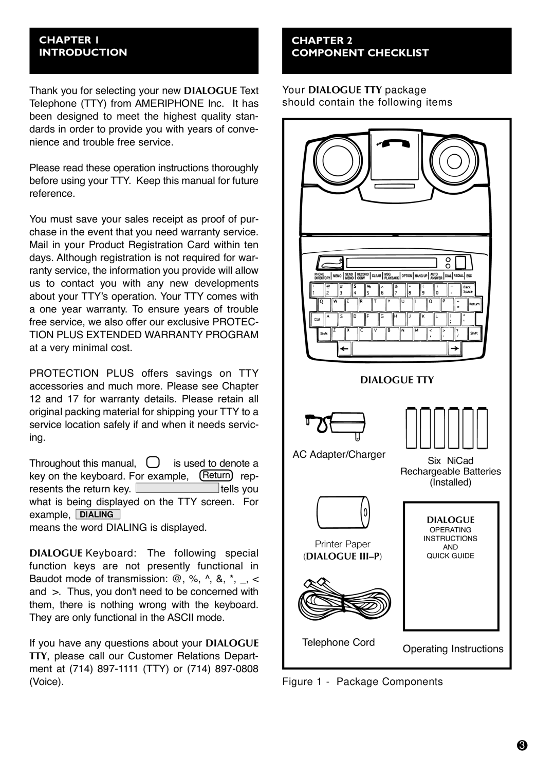 Ameriphone IIIP TTY operating instructions Introduction Component Checklist, Dialogue TTY, Dialogue III-P 