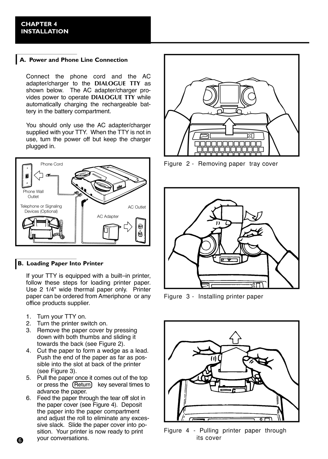 Ameriphone IIIP TTY Chapter Installation, Power and Phone Line Connection, Loading Paper Into Printer 