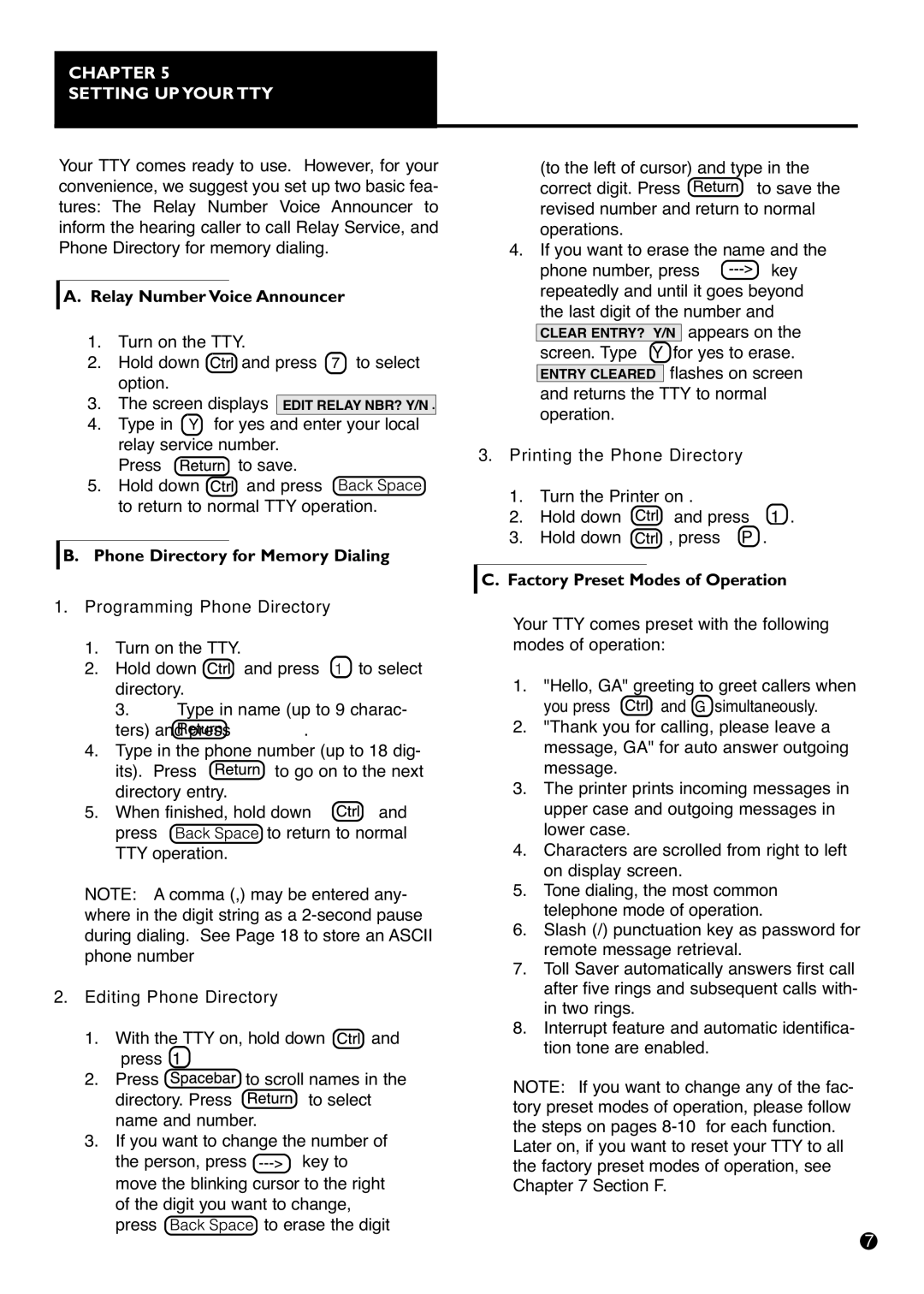 Ameriphone IIIP TTY Chapter Setting UP Your TTY, Relay Number Voice Announcer, Phone Directory for Memory Dialing 