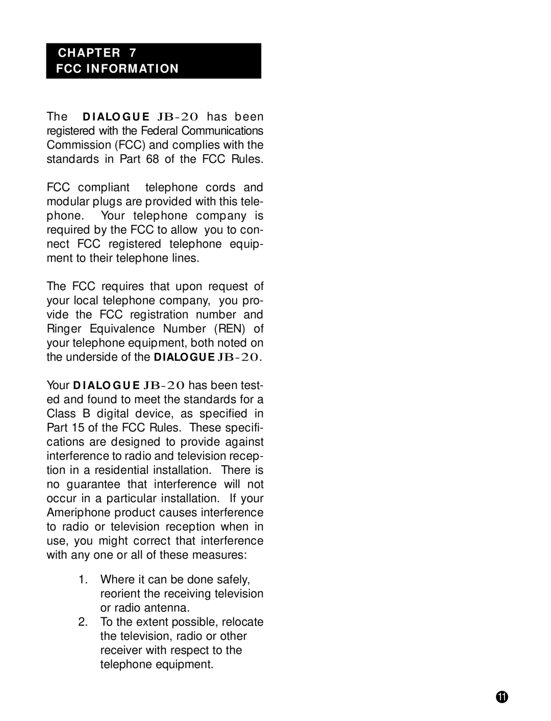 Ameriphone JB-20 operating instructions Chapter FCC Information 