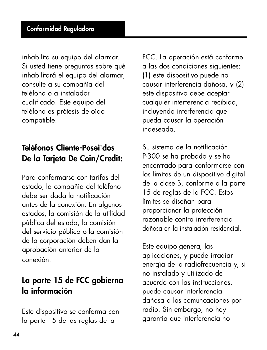 Ameriphone P-300 manual La parte 15 de FCC gobierna la información 