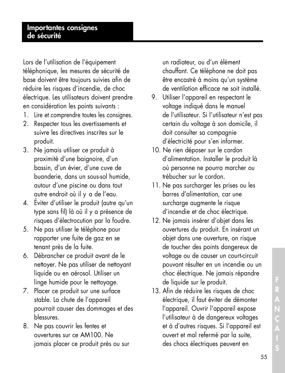 Ameriphone P-300 manual Importantes consignes de sécurité, Lors de l’utilisation de l’équipement 