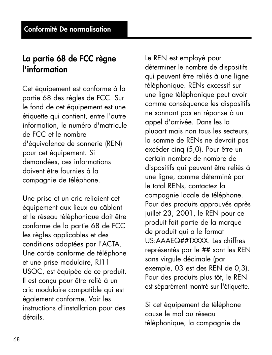 Ameriphone P-300 manual La partie 68 de FCC règne linformation, Conformité De normalisation 