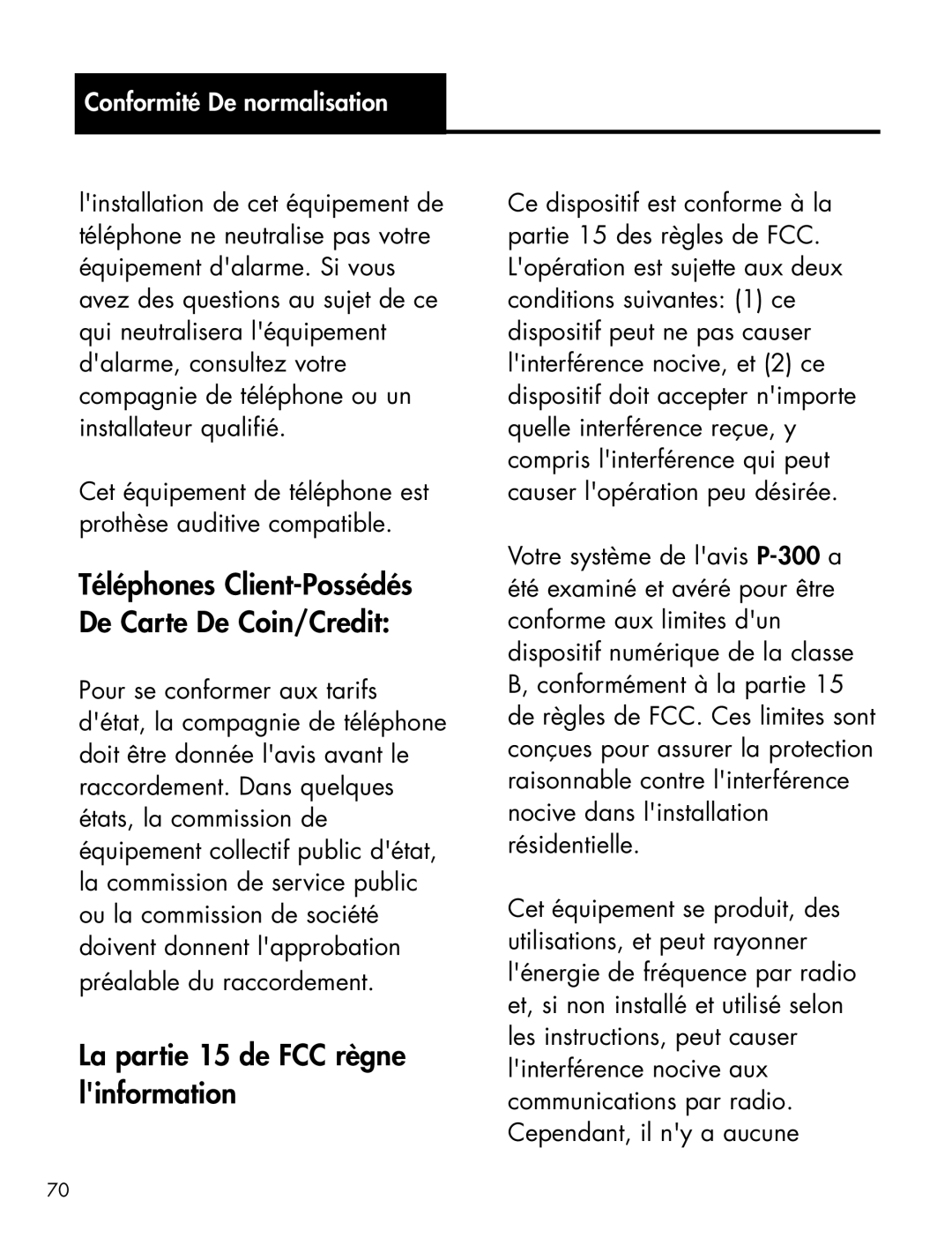 Ameriphone P-300 manual La partie 15 de FCC règne linformation 