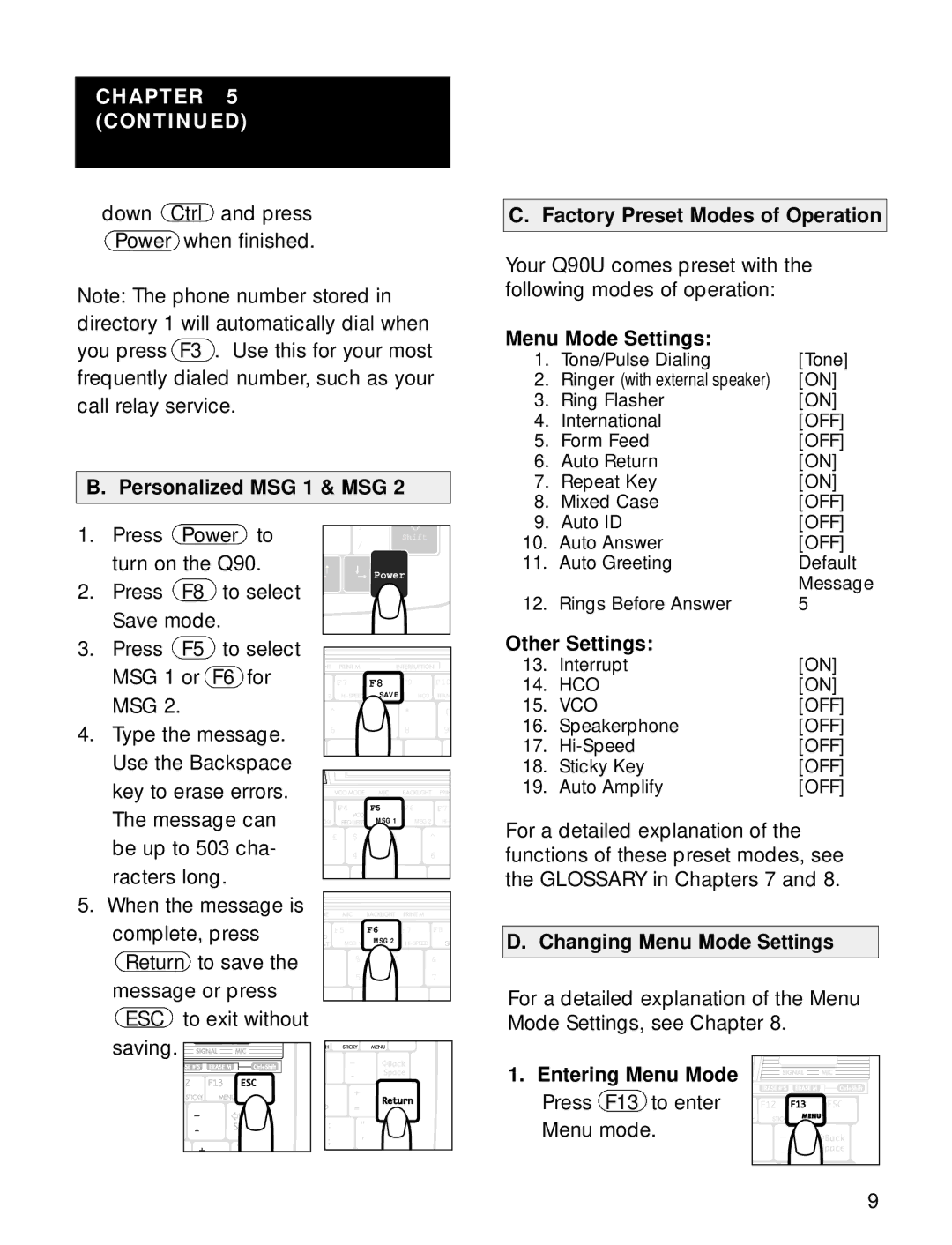 Ameriphone Q90 Factory Preset Modes of Operation, Menu Mode Settings, Personalized MSG 1 & MSG, Other Settings 