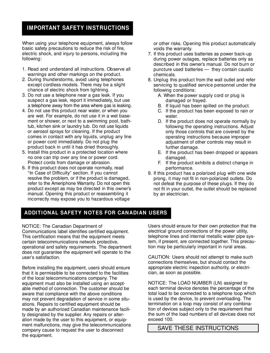 Ameriphone Q90 operating instructions Important Safety Instructions, Additional Safety Notes for Canadian Users 