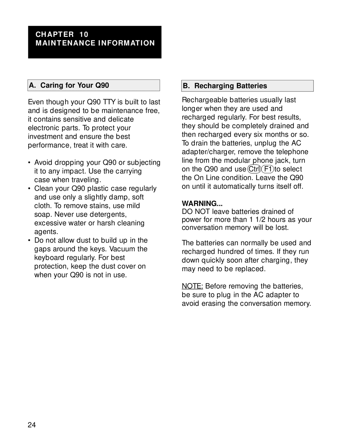 Ameriphone operating instructions Chapter Maintenance Information, Caring for Your Q90, Recharging Batteries 