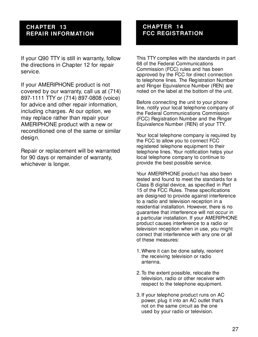 Ameriphone Q90 operating instructions Chapter Repair Information FCC Registration 