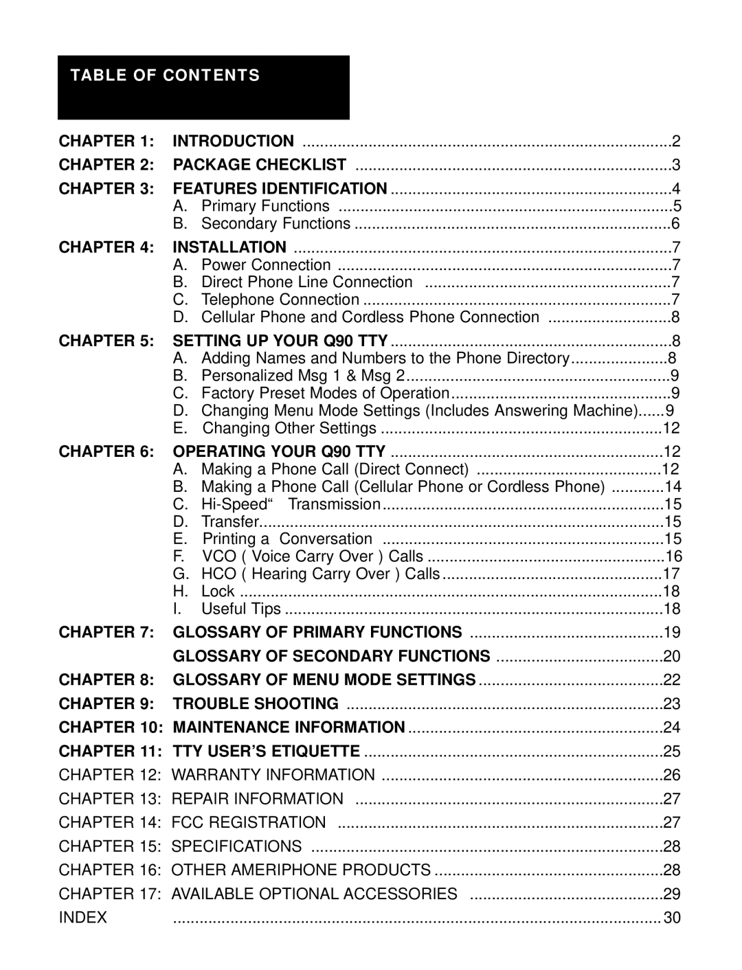 Ameriphone Q90 operating instructions Table of Contents 