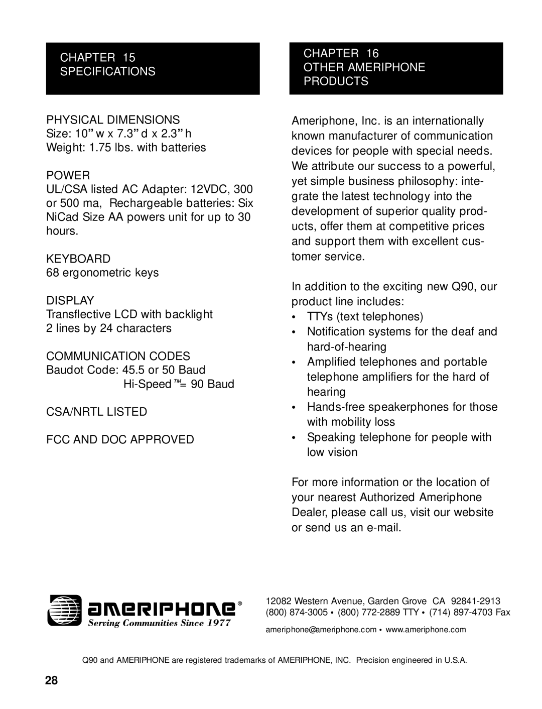 Ameriphone Q90 Chapter Specifications, Communication Codes Baudot Code 45.5 or 50 Baud, Chapter Other Ameriphone Products 