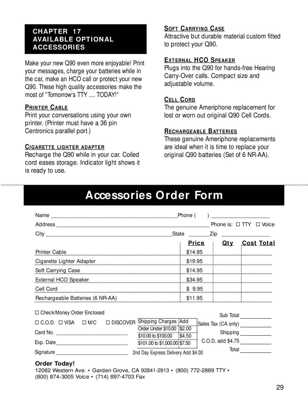 Ameriphone Q90 operating instructions Accessories Order Form, Chapter Available Optional Accessories 