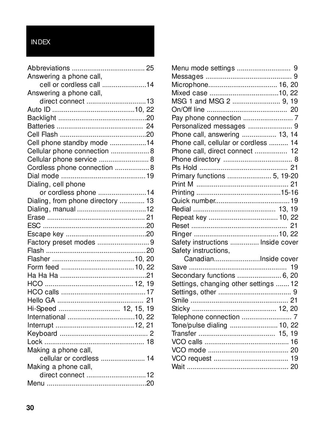 Ameriphone Q90 operating instructions Index, Dialing, cell phone 