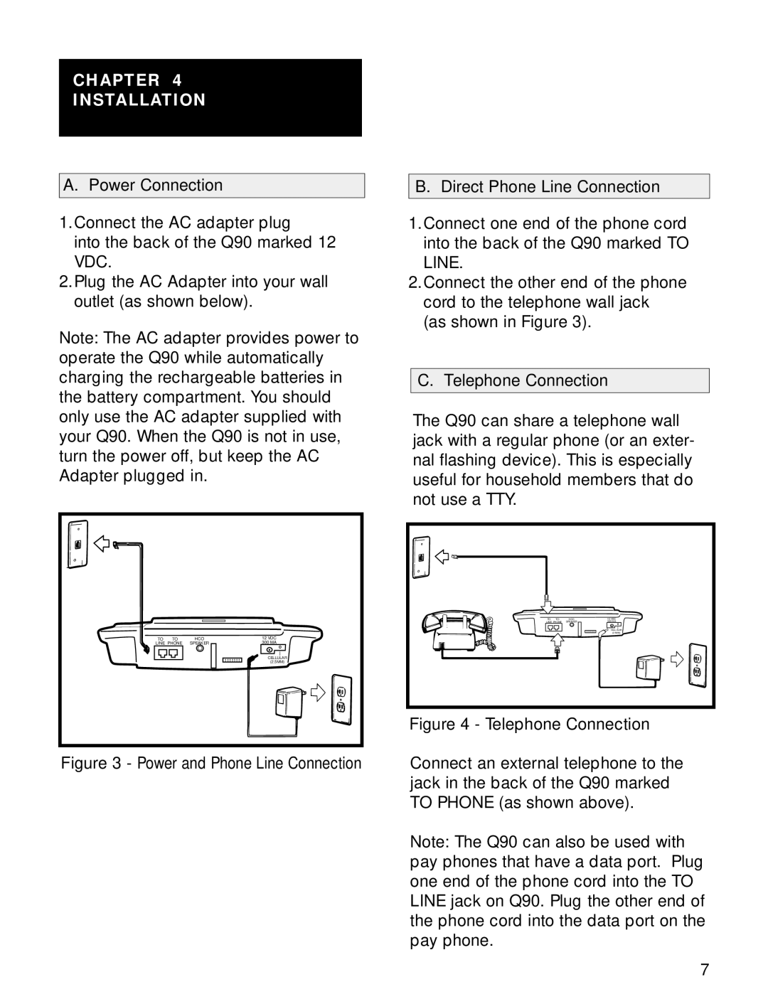 Ameriphone Q90 Chapter Installation, Power Connection, Direct Phone Line Connection, Telephone Connection 