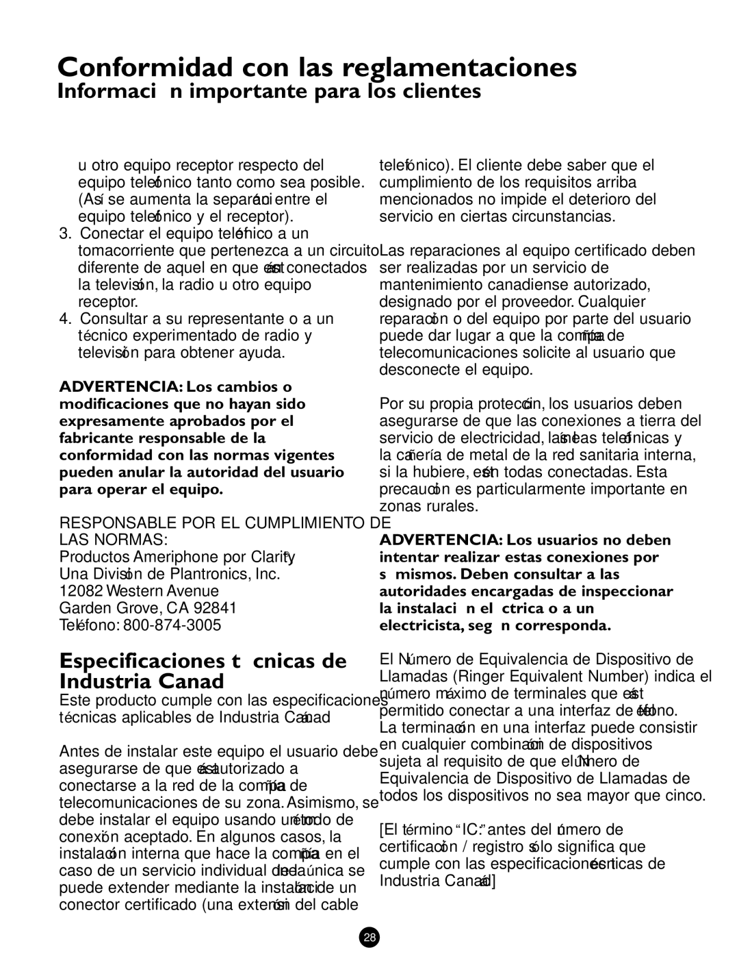 Ameriphone Q90D Información importante para los clientes, Especificaciones técnicas de Industria Canadá 