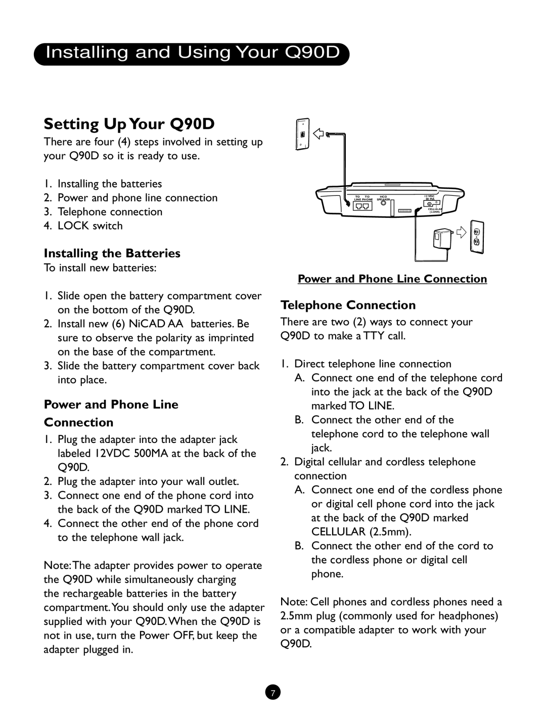 Ameriphone Installing and Using Your Q90D, Setting Up Your Q90D, Installing the Batteries, Telephone Connection 